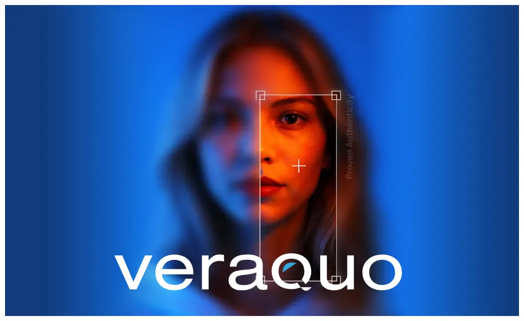 Veraquo key visual: a portrait overlaid with AI authenticity-detection markers